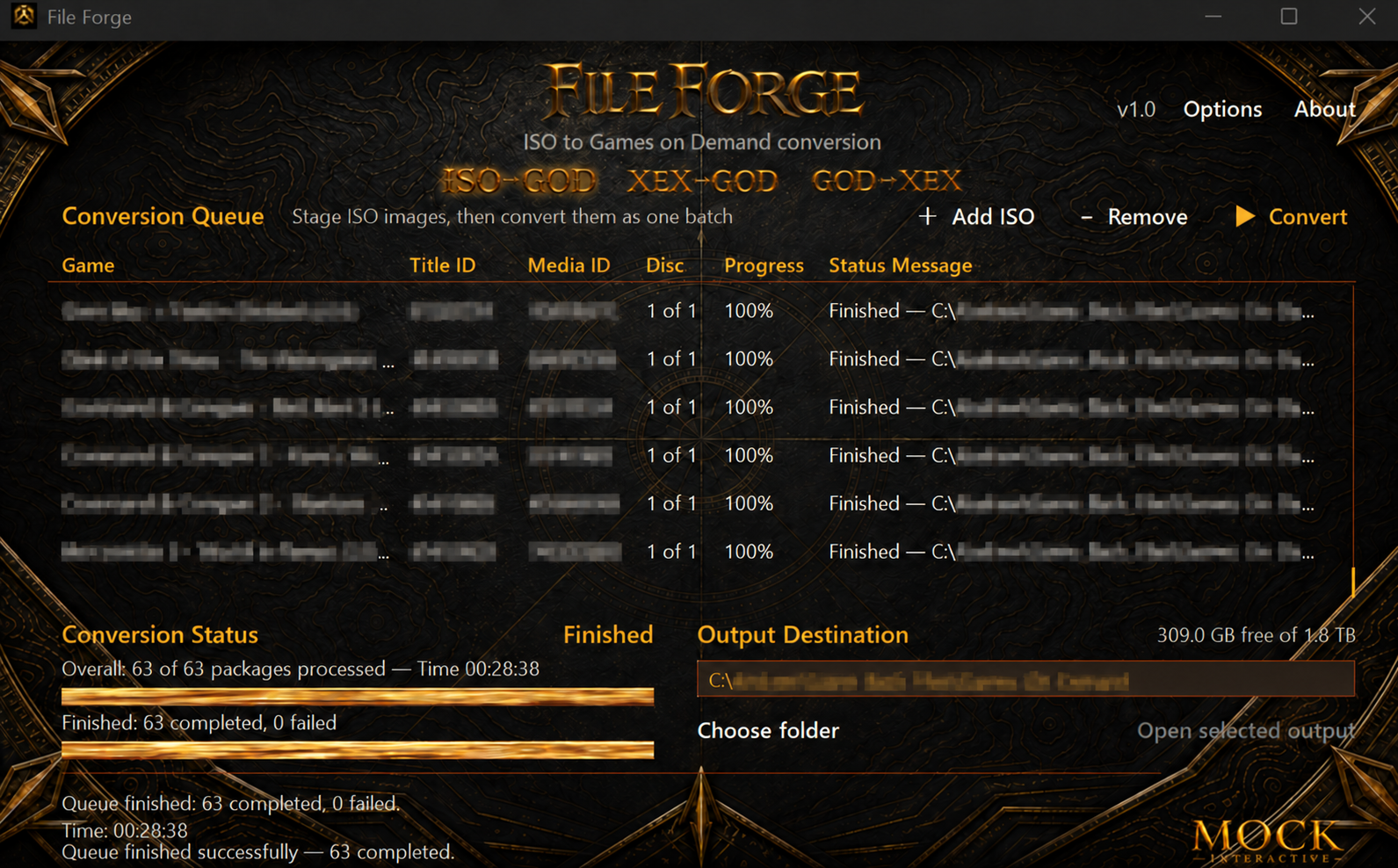 File Forge stress test showing 63 of 63 conversions completed with no failures in 28 minutes 38 seconds