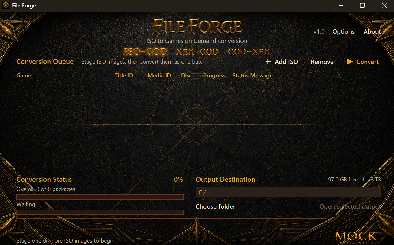 File Forge 1.0 interface with ISO to GOD, XEX to GOD, and GOD to XEX conversion modes